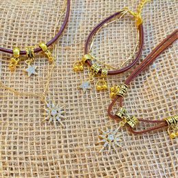 Eight-pointed star choker necklace brown leather necklace for women Niche Maillard Sun double-layer clavicle chain