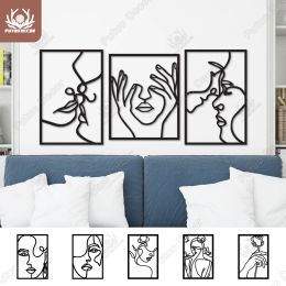 Stickers Putuo 3Pcs Woman Face Silhouette Black Wooden Line Art Living Room Bedroom Home Wall Decor Creative Ornament Beautiful Painting