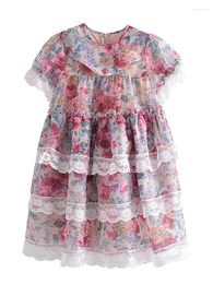 Party Dresses 2024 Women Sexy Lace Trims Rose Floral Print Cake Mini Sweet Ladies O Neck High Waist Summer Dress Fairy Robe
