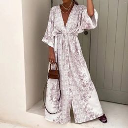 Casual Dresses Women Dress V Neck Long Sleeve Lace Up Printed Large Size Maxi Female Formal Chic Vestido Vacation Beach