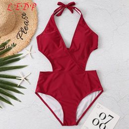 Women's Swimwear Solid Color Lace-up One-piece Bikini Beach Wear Swimsuit Set 2024 Y-146