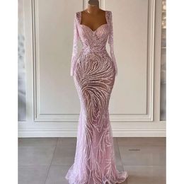 Pink Mermaid Prom Long Sleeves V Neck 3D Lace Hollow Sexy Appliques Sparkly Sequins Beaded Floor Length Celebrity Evening Dresses Plus Size Custom Made 0431