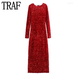 Casual Dresses Red Sequin Dress Woman Glitter Backless Long Women Sleeve Evening Party Autumn Winter Elegant