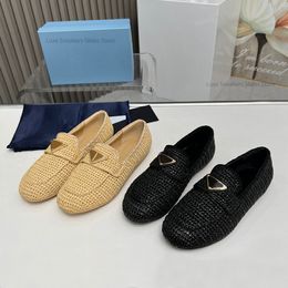 Summer Walk beige shoes triangle sign Braided raffia loafers casual slip on flats loafer women's Luxury Designer Dress shoe factory footwear with box