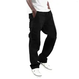 Men's Pants 2024 Cargo Trousers For Men Full Length Solid Colour Loose Multi-Pocket Drawstring Pockets Male