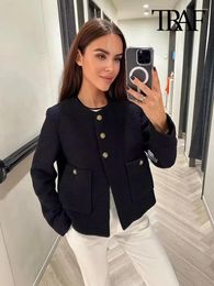 Women's Jackets Women Fashion With Pockets Tweed Jack Coat Vintage Long Sleeve Front Button Female Outerwear Chic Tops