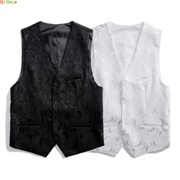 Roses Embroidered Vneck Sleeveless Vest Jacket Men WhiteBlack Singlebreasted Button Suit Vests Plus Size M8XL Male Waistcoat 240507