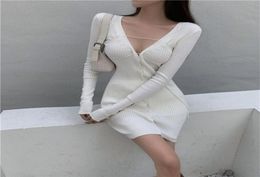 Long Sleeve Dress Ribbed Knit Korean Sexy Mini White Women s Autumn Bodycon Dress V neck Purple Sweater Dress Ladies New 2103198203323