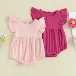 Rompers Summer Infant Baby Clothing Girls Solid Color Fly Sleeve Playsuit Jumpsuit Newborn Clothes H240507