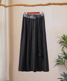 Skirts Black Long Skirt Chinese Style Rayon Jacquard Women's Solid Color A-LINE Elastic Waist Embroidery Vintage