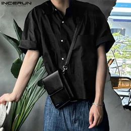Men's Casual Shirts Fashion Simple Style Tops INCERUN 2024 Men Cropped Blouse Streetwear Solid All-match Short Sleeved Lapel S-5XL