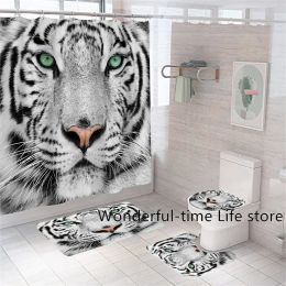 Curtains 3D Luxury White Tiger Printed Shower Curtain Set With 12 Hooks Animals Bath Mat Doormat Toilet Lid Cover Home Kitchen Decor Sets