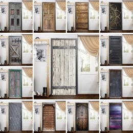 Stickers Retro Door Stickers Imitation Wood Doors Wallpaper 3D SelfAdhesive Vinyl Wall Sticker Living Room Corridor Decor Decal For Home