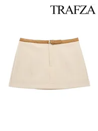 Women's Shorts TRAFZA Women Summer Fashion Short Pants Solid High Waist Belt Decoration Zipper Female Street Slim Culottes