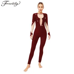 Stage Wear Women's Gymnastics Jumpsuit Long Sleeve Ballet Dance Bodysuit Sheer Mesh Patchwork Figure Skating Leotards Performance Costume