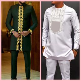 2024 Mens Suit Top Trousers 2-piece Set Solid Colour Round Neck Embroidery Long Sleeve Suit Wedding African Ethnic Style 240521
