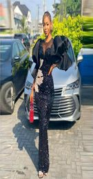 Black Sequined Mermaid Prom Dresses With Sheer Neck Puffy 34 Long Sleeves Plus Size Evening Gowns African Party Vestidos3628738