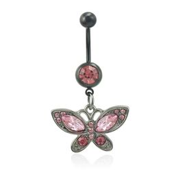 Fashion Belly Button Rings Pink Rhinestone Black Butterfly 316L Stainless Steel Sexy Navel Body Piercing Jewelry8204104