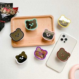 Cell Phone Mounts Holders Candy Color Cute Bear Mirror Bracket Phone Grip Tok Griptok Finger Ring For iPhone 15 Universal Accessories Phone Holder