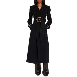 kvinnors svart ullrock kvinnor designer jacka lapel hals långärmare bälte bomullsull fast färg SASHES SLIM Karriärrelaterade funktioner S 2xl Trench Coat Women Jacket