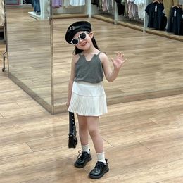 Clothing Sets Girls Suit 2024 Korean Style Summer Solid Colour Halter Pleated Skirt Culotte Two Piece Set Fashion Children