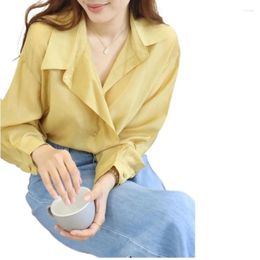Women's Blouses 2024 Spring Women Rayon Office Lady Smooth Lapel Wide Brimmed Shirts Temperament Simple Long Sleeve Thin Loose Tops