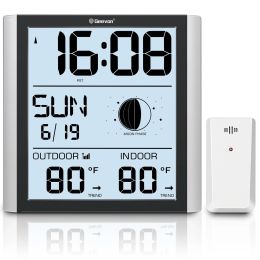 Clocks Geevon Atomic Wall Clock With Backlight AutoSet Digital Atomic Alarm Clock With Indoor Outdoor Temperature Calendar Moon Phase