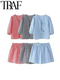Women's Tracksuits 2024 Summer Women Bow Tied 3 Color Small Plaid Shorts Suits Three-Quarter Sleeve V Neck Blouse Sets Female Shirt Y2K