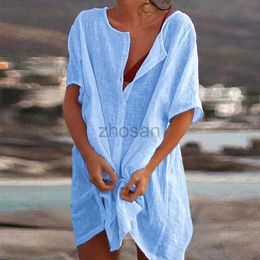 Women Beach Wear Wear 2024 Women Cotton Cover Up Swimwear Hot Sexy Swimsuit Cover-Ups Casual Short Sleeve Long Blouse Solid Color Beach Dress d240507