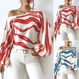 Women's Blouses Off Shoulder Long Sleeve Graphic Print Tunic Tops Loose Casual Oversized Shirts Blouse Boat Neck