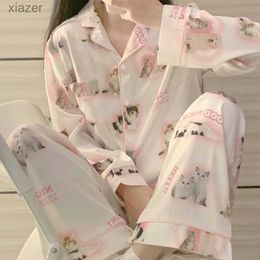 Women's Sleepwear High quality ice silk cute cat print summer new thin pajamas womens spring and summer silk home clothing set pajamas WX