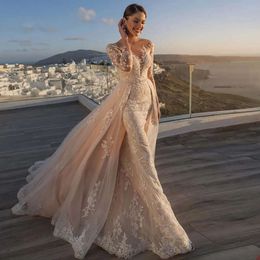 Uzun Glamoor Denizkızı Düğün Dantelli Kollu V Yastık Elbiseler ve Tüm Vücut Başvuru Sahipleri Arka Fermuar Mahkemesi Elbisesi Özel Made Plus Boyut Vestidos De Novia