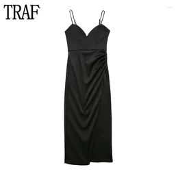 Casual Dresses Black Slip Long Skirt Woman Satin Pleated Midi Dress Women Sexy Backless Evening For Summer Party