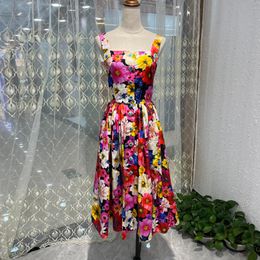 Womens Dress European Fashion brand cotton floral print gathered waist sleeveless slip midi dress