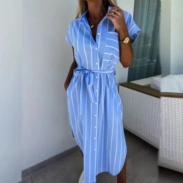 Party Dresses Office Lady Lapel Short Sleeved Shirt Dress Fashion Striped Printed Single Breasted Casual Summer Lace Up Long