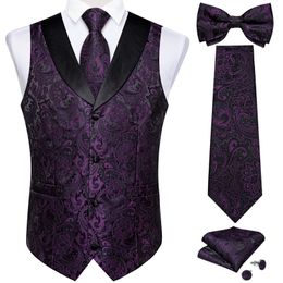 Luxury Silk Dark Purple Black Floral Mens Wedding Vest Business Sleeveless Vneck Waistcoat Necktie Bowtie Handkerchief Cufflink 240507