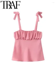 Women's Tanks GAL 2024 Summer Women Pink Thin Satin Bow Tied Shoulder Camis Pleats Sleeveless Backless SLim Female Crop Top Y2K