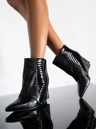 Boots Black Wedge Bootie Patent Leather Turn Over Zipper Decor Pointed Toe Height Increase Solid Patchwork Runway Dress Shoes