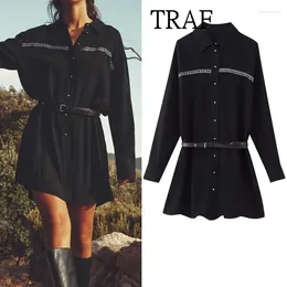 Casual Dresses Women Short 2024 Rivets Shirt Dress Female Clothing Fashion Tie Belt Loose Vintage Black