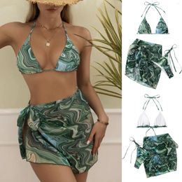 Women's Swimwear 2024 Sexy Bikini Set 3 Piece Swimsuits Chic Printed V Neck Bra Thong Beach Skirt Summer Female Bathing Suit Beachwear