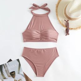 Women's Swimwear Swimsuit Solid Colour Bikini With Breast Pad Lace Up Sexy Halter Two Pieces Beachwear 2024 Bathing Suit