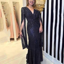 Party Dresses Women Formal Dress Wedding Bridesmaid Sequin Slit Long Sleeve V Neck Beaded Evening Gown Guest For