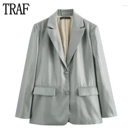 Women's Suits 2024 Metallic Blazer For Women Shimmer Office Woman Long Sleeve Button Blazers Shoulder Pads Outerwears