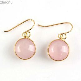 Dangle Chandelier Womens 13MM round natural gemstone bead pendant earrings fashionable gold copper Aventurine pink quartz hook pendant earrings XW