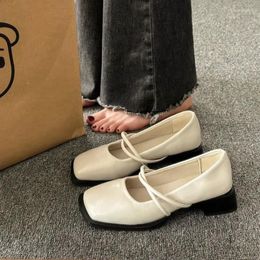 Casual Shoes Japanese Style Lolita Mary Jane Woman Footwear With Medium Heels For Women Square Toe Normal Leather Gothic Beige A