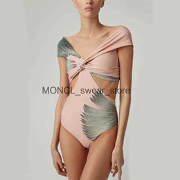 Women's Swimwear Printed Shoulder Cutout Bikini Suit One-Piece Cross Straps Slim Holiday Beachwear High Waist Cut patchwork Swimsuit H240507