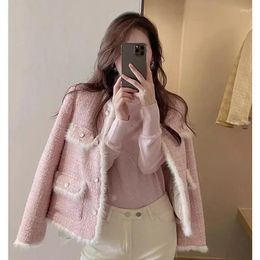 Women's Jackets Elegant Pink Single-breasted Spliced Fur Plaid Tweed Short Coat Korean Fashion O-collar Outwear Casual Loose Long Sleeve