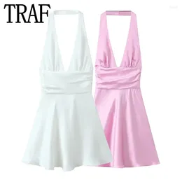 Casual Dresses White Satin Mini Dress Woman Bow Pink Halter Backless Women Off Shoulder Summer Short Sexy Party
