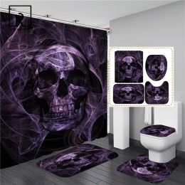 Set Black Skull Skeleton Printed Shower Curtain Set Horrible Halloween Festival Bathroom Decor Pedestal Rug Lid Carpet Toilet Cover