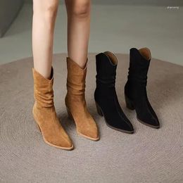 Boots Classic Retro Western Woman Suede Pointed Toe Thick High Heel Middle Tube Autumn Casual Cowboy Botas Female Black
